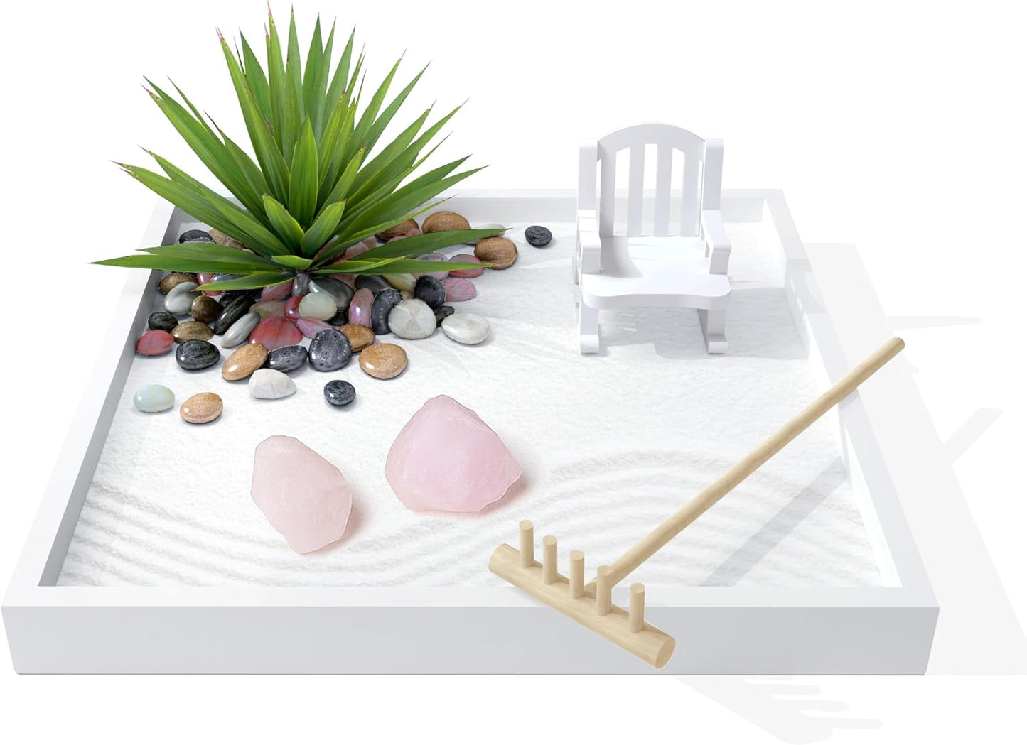 Zen Garden for Desk – White Modern Style with Healing Crystals and Sand Rake, Perfect for Home, Office, and Desktop Decor, Meditation and Stress Relief