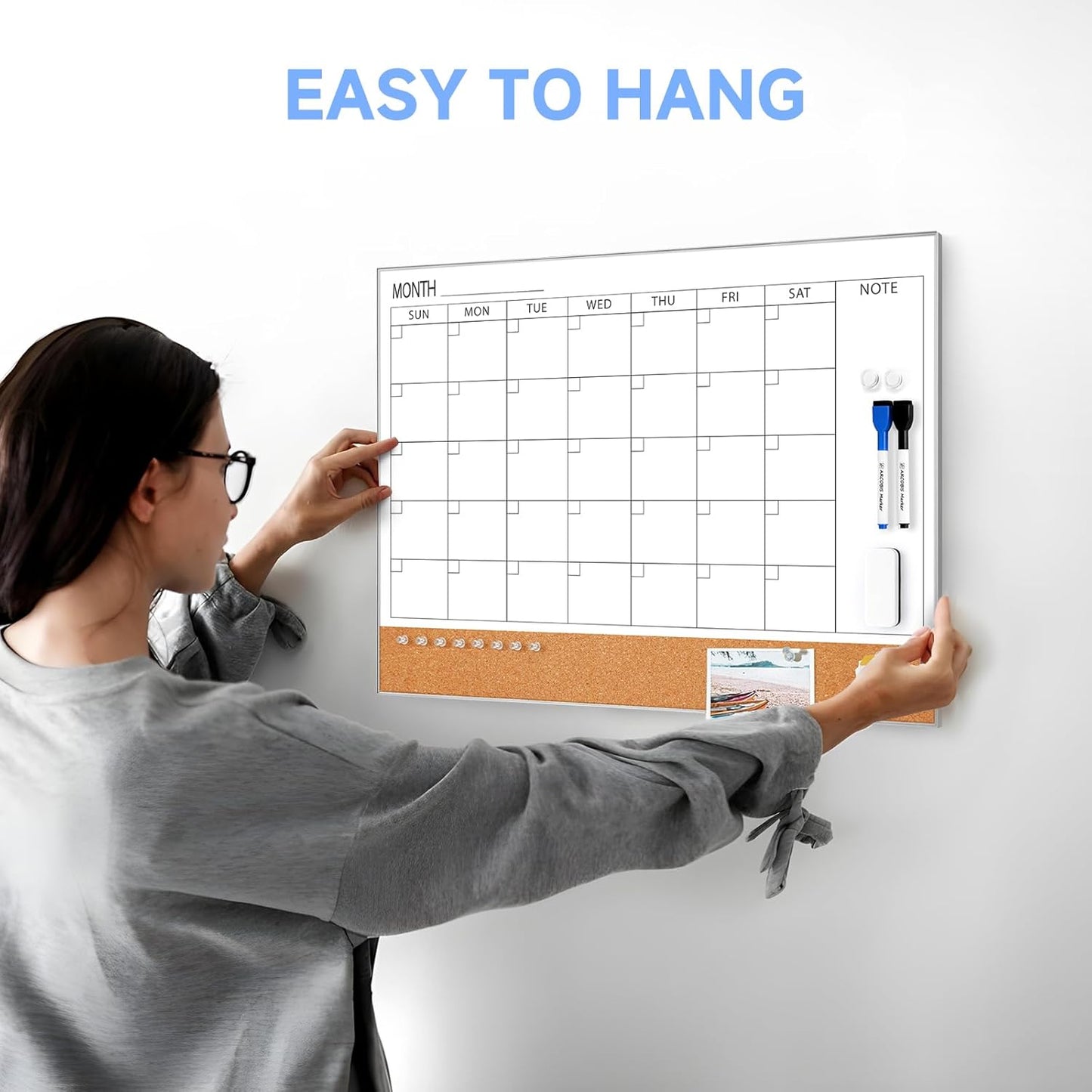 ARCOBIS Dry Erase Calendar with Cork Board for Wall, 24"x 18" Magnetic Calendar Whiteboard with Black Frame, Monthly Combination Board for School, Home, Office