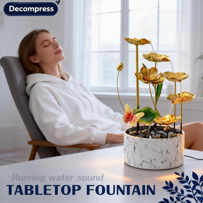 11‘’ H Pink Tabletop Water Fountain, Zen Desktop Waterfall, Indoor Lotus Desktop Decorative Fountain, Home Bathroom Bedroom Decor.