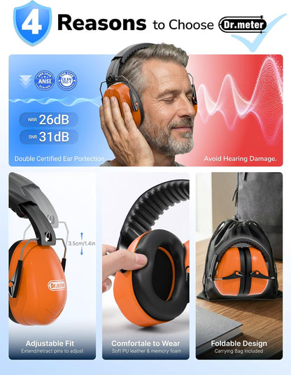 Dr.meter Ear Protection Ear Muffs, Noise Cancelling Headphones for Adults Kids 31dB Earmuffs for Noise Reduction, Hearing Protection for Shooting Gun Range, Mowing, Monster Jam, Sensory, Fireworks