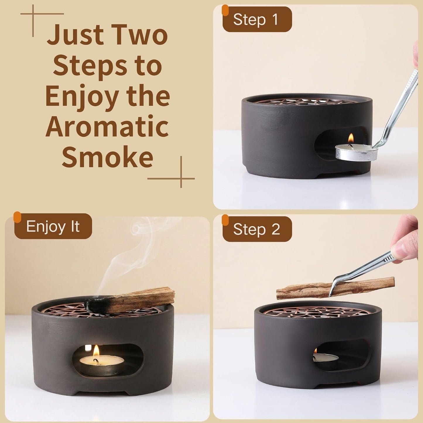 All-in-One Incense Holder for Burning Palo Santo & Sage Sticks & Insence-Stick and Cone & Candle, Lasting Burn Palo Santo & Sage Bundle & Loose Sage Leaves, Ash-Free, Wind-Resistant(Brown)