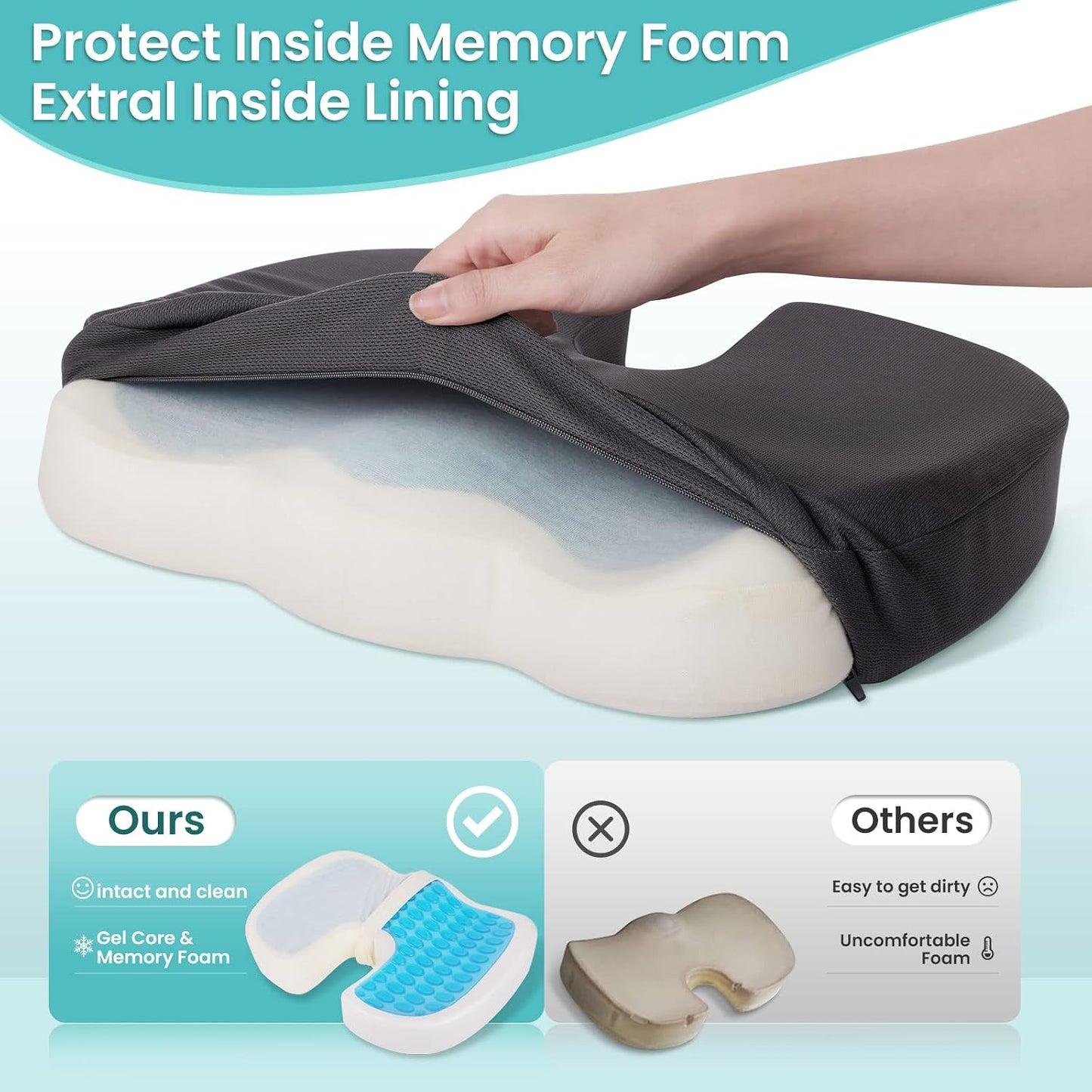Office Chair Seat Cushion, Cooling Gel Enhanced Memory Foam Cushion for Long Sitting - Back, Sciatica, Coccyx, Tailbone Pain Relief Pillow - for Office, Gaming, Car, Wheelchair - Black, Large