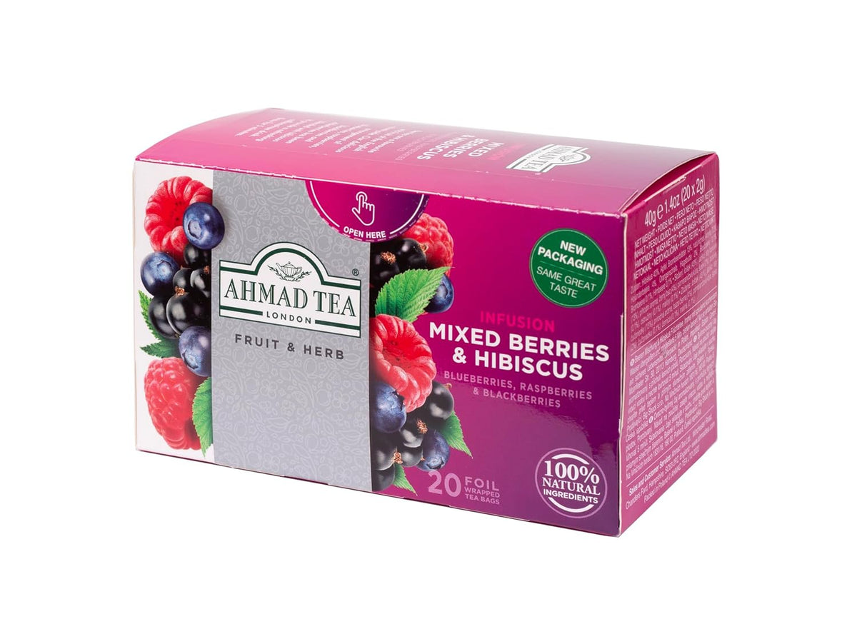 Ahmad Tea Herbal Tea, Mixed Berries & Hibiscus Teabags, 20 ct (Pack of 1) - Decaffeinated & Sugar-Free