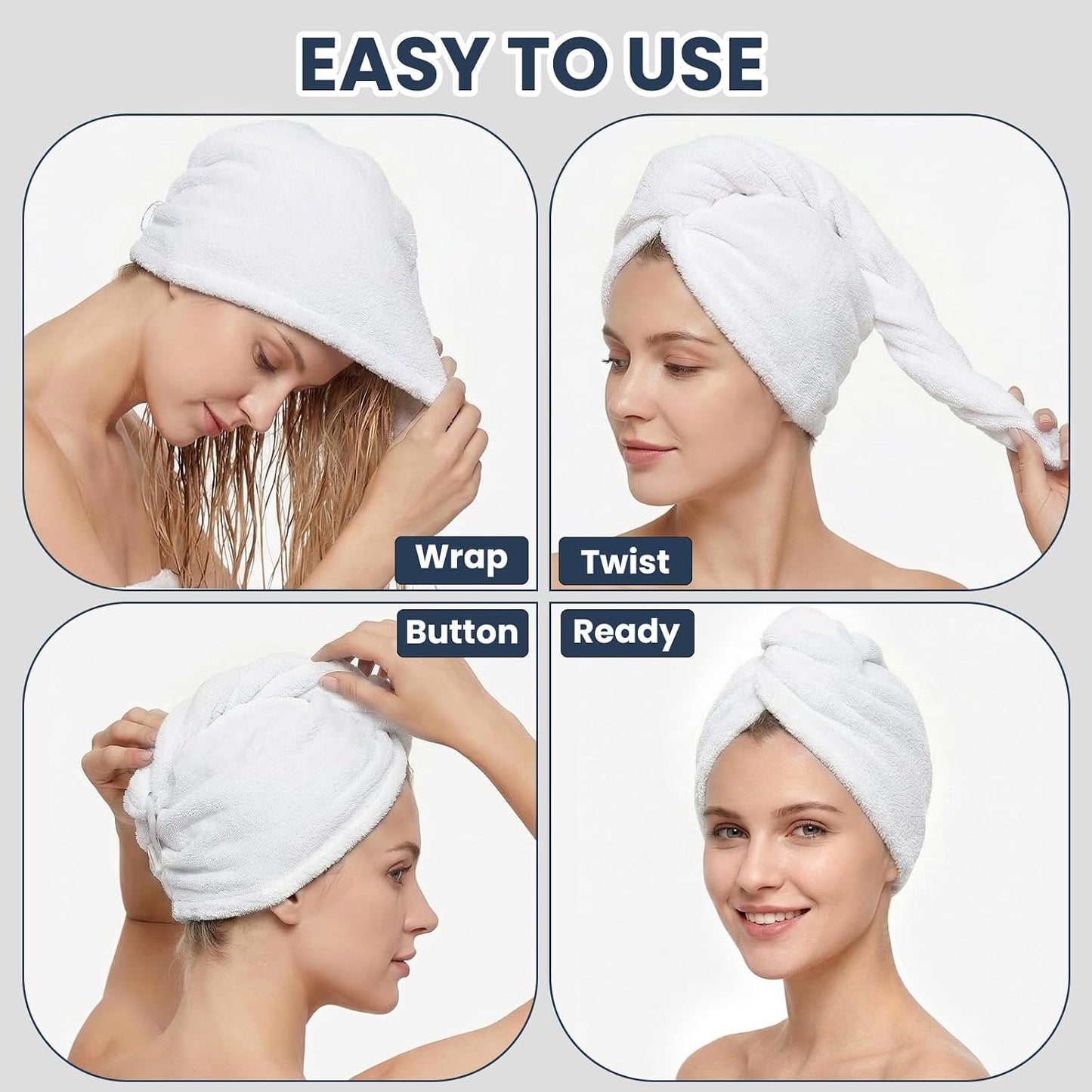Mandydov 100% Cotton Hair Towel Wrap for Women, 2 Pack Thickened & Super Absorbent Turbans, Anti Frizz Quick Dry Hair Towels (Blue, Pink Blush)