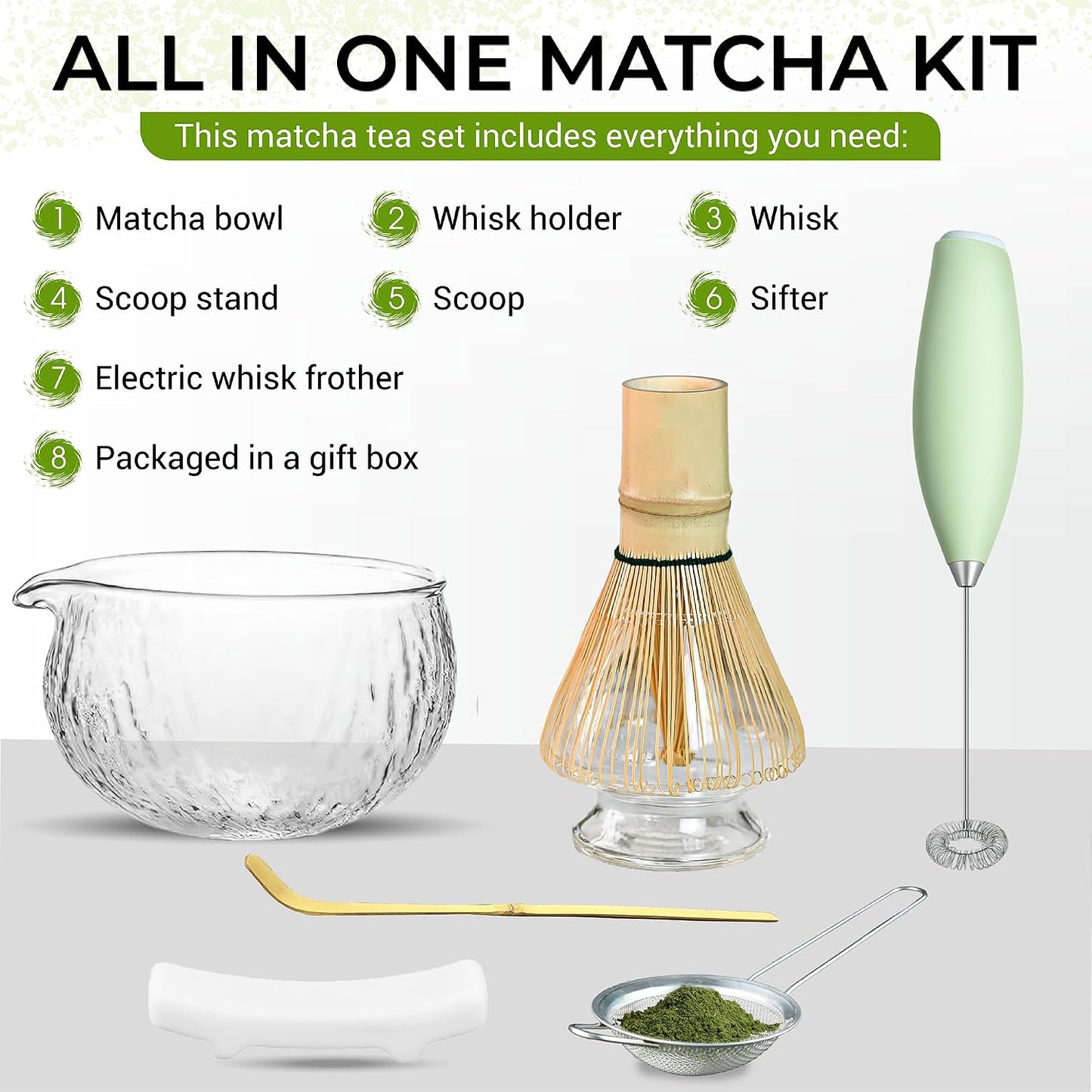 Matcha Whisk Set with Matcha Bowl - Matcha Set Included Electric Frother, Bamboo Whisk, Matcha Spoon, Bamboo Holder, Sifter, Spoon Stand (Mottled Green)