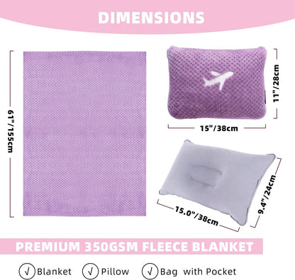 3 in 1 Travel Blanket Pillow Set - 350 GSM Thick Travel Blanket Airplane Compact with Bag, Soft Bag with a Pocket, Inflatable Travel Pillow for Camping & Car Trip(Mint Green)