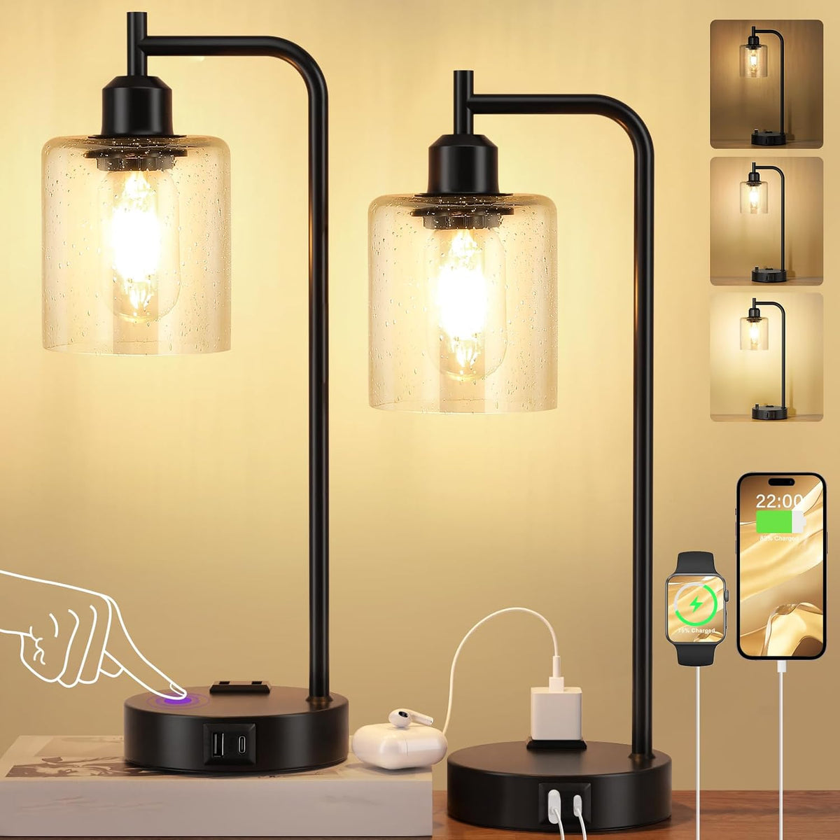 Industrial Touch Lamps for Nightstand Set of 2, 3-Way Dimmable Bedside Lamp