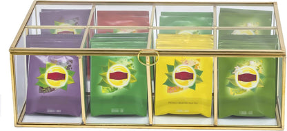 NCYP Glass Tea Bags Organizer with 5 Grids Compartments, Indoor Counter Top Brass Display Case with Lid, Storage Box, Gold, Decor, Teabag Storage, 14.5 x 3.6 x 3.66 Inches (Glass Box Only)