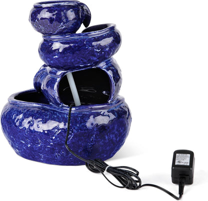 Glitzhome Ceramic Tabletop Tiered Water Fountain with Pump and LED Light 8.75'' Turquoise Leaf Textured Water Fountain Zen Decor for Indoor and Home Decoration Table Desk Office Patio