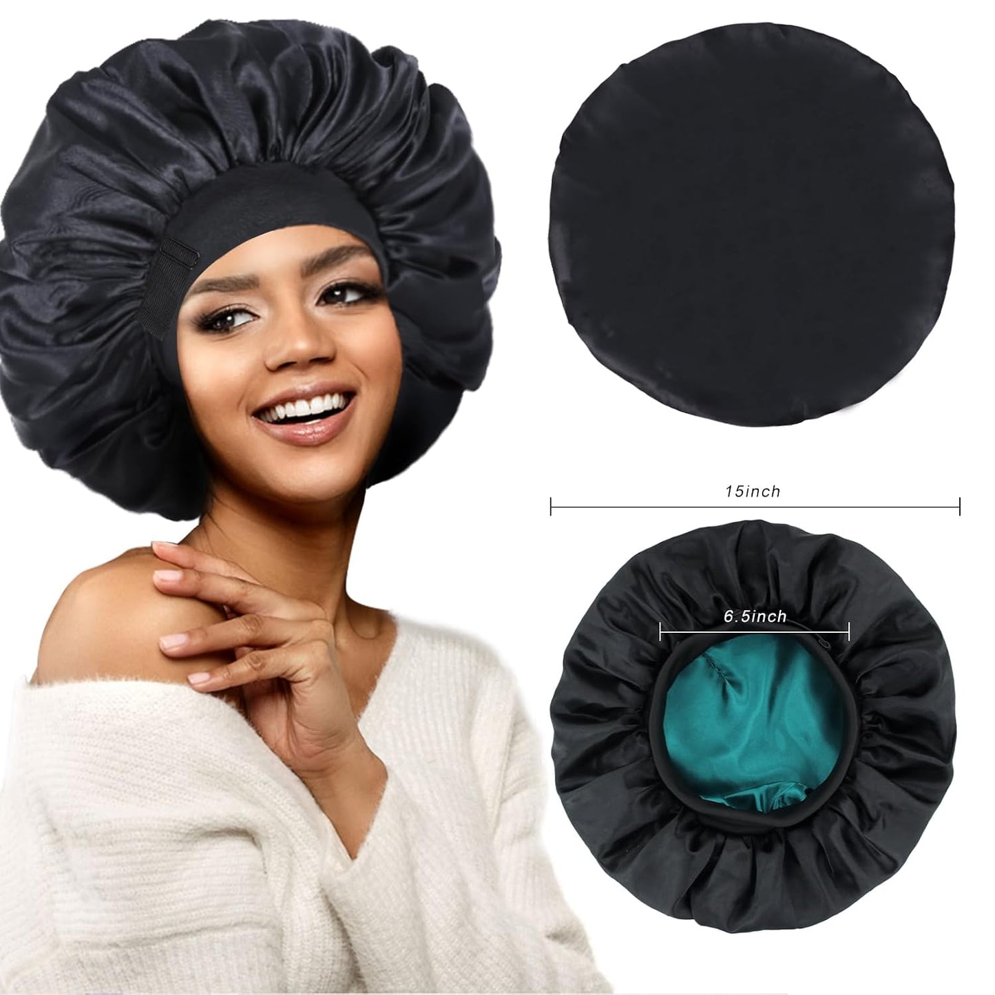 Silk Bonnet for Sleeping Double Layer Satin Bonnet Adjustable Bonnets for Black Women Sleep Cap Reversible Hair Bonnet for Curly Hair (Black and Purple)