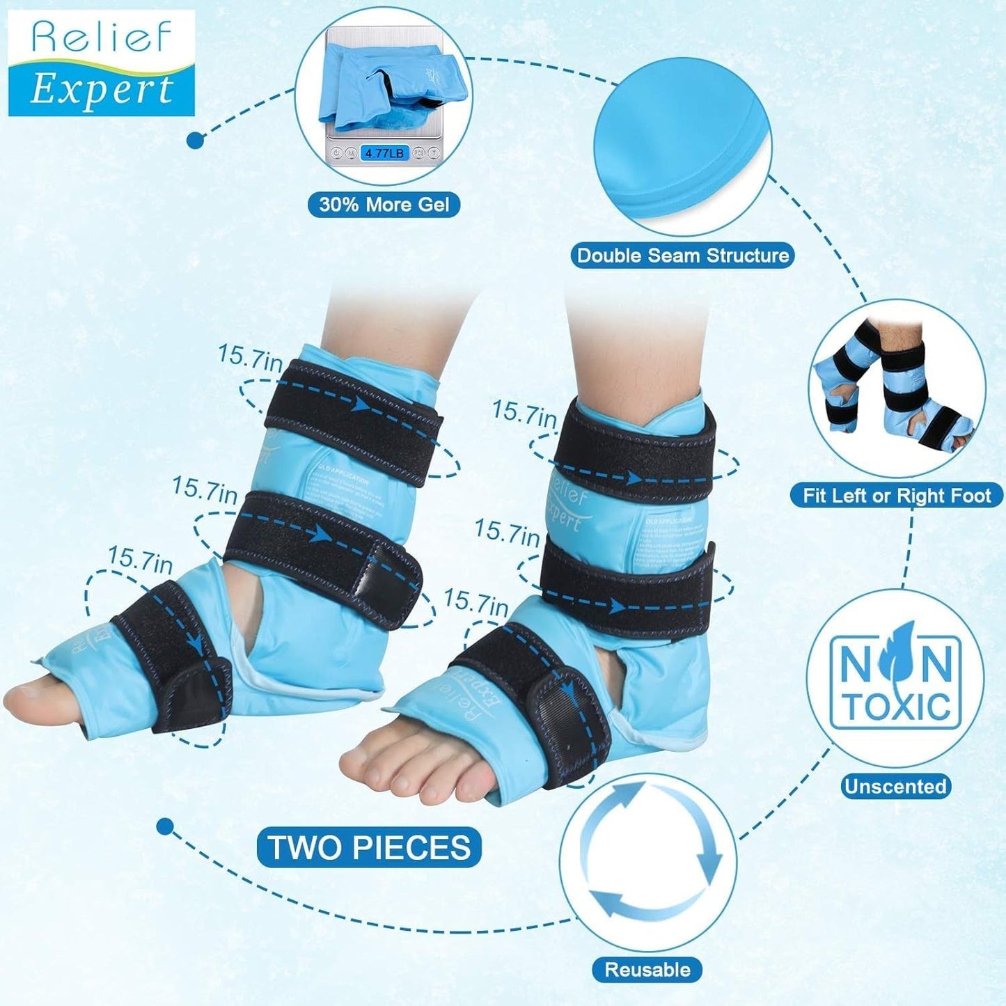 Relief Expert Ankle Ice Pack Wrap – Reusable Cold Gel Pack for Foot and Heel, Dual-Sided Design with Soft Plush Lining, Flexible Cold Compress for Achilles and Ankle Support, Blue