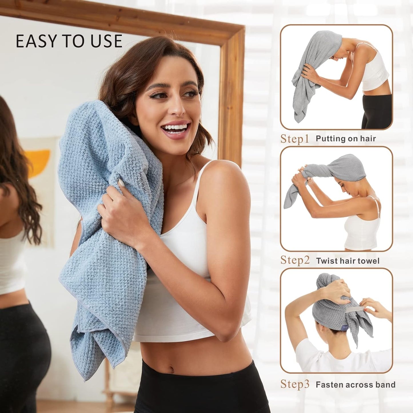 Large Microfiber Hair Towel Wrap for Women, Anti Frizz Drying Towel, Fast Dry Turban Wet Hair, Long, Thick, Curly Super Absorbent Soft Towels - White