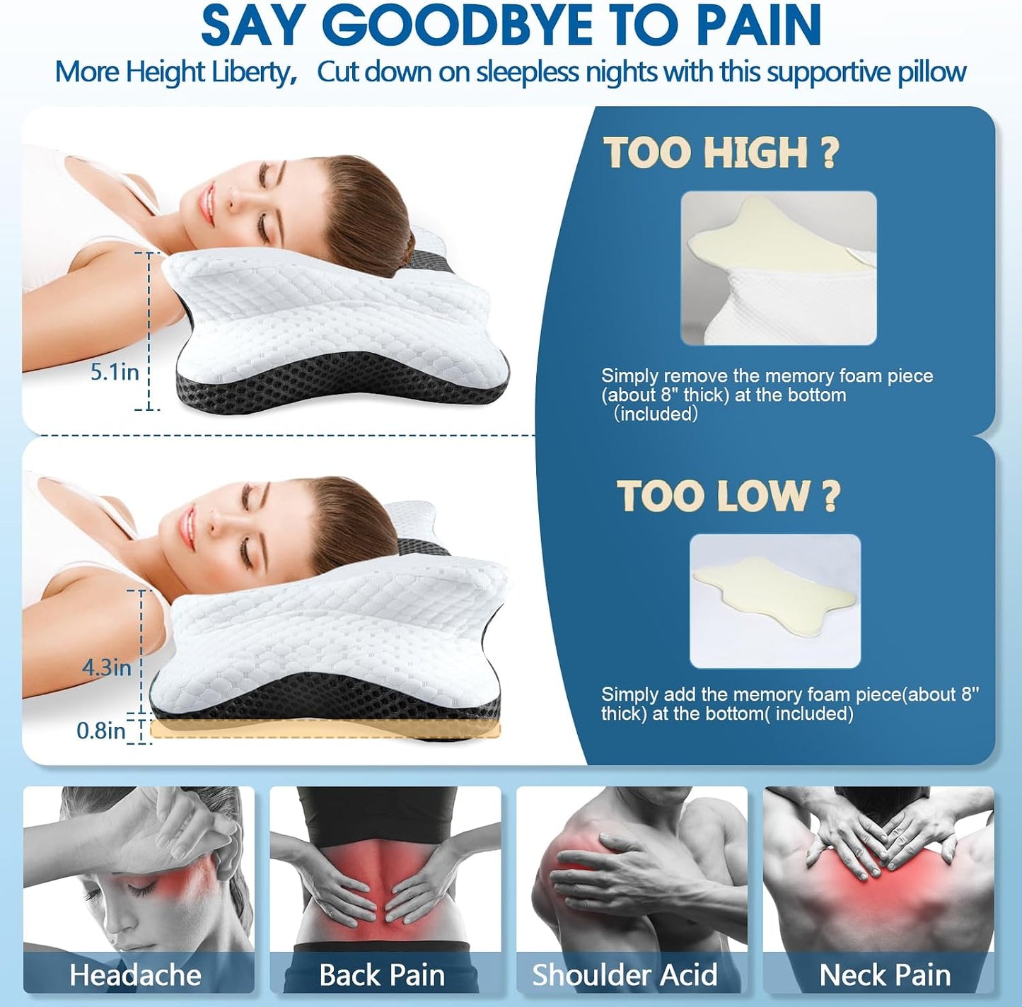 CHxxy Cervical Neck Pillow for Pain Relief Sleeping, Memory Foam Pillows, Ergonomic Side Sleeper Pillows, Cooling Orthopedic Neck Support Pillow for Back Stomach Sleepers-Queen Size Grey&Grey