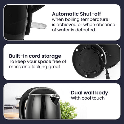 Elite Gourmet 1L Glass Electric Water Kettle, BPA-Free, Fast Boil, Auto Shut-Off, Boil-dry Protection, 360° Swivel Base with Cordless Serving, Clear-view Water Level Markings, Mint