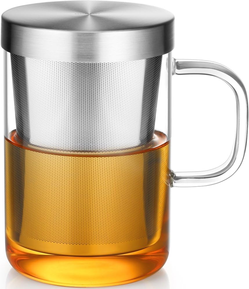 ecooe Tea Infuser Mug 16.9oz Glass Tea Cup with Removable Stainless Steel Infuser and Lid, Clear Glass Tea Cup 500ml Teacup for Loose Leaf Tea, Birthday for Parents Dad Mum Friends (Bronze)
