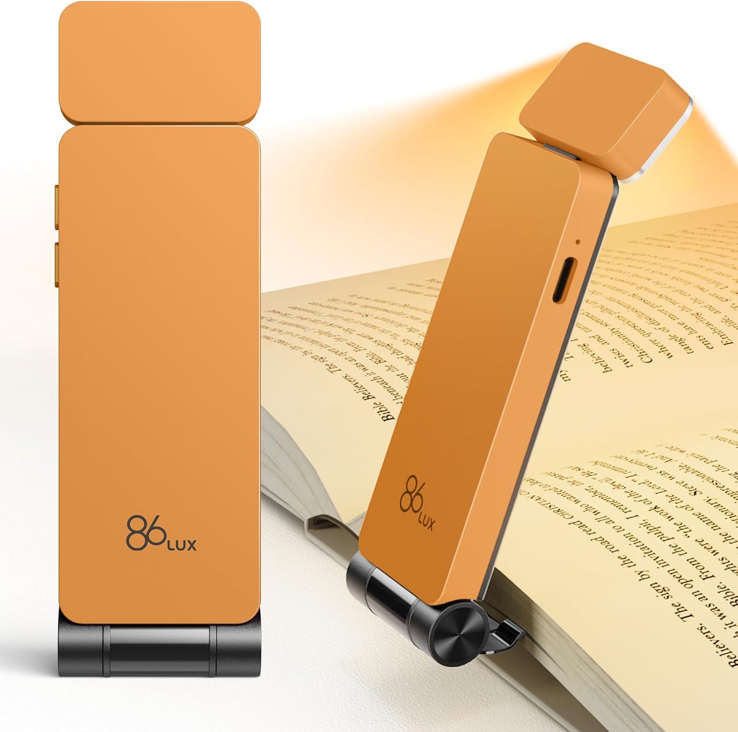 86lux Book Light, Rechargeable Reading Lights for Books in Bed, Ultralight Clip-on LED Bookmark Lamp with 3 Amber Colors & Stepless Dimming for Night Reading for Book Lovers, Papaya Orange