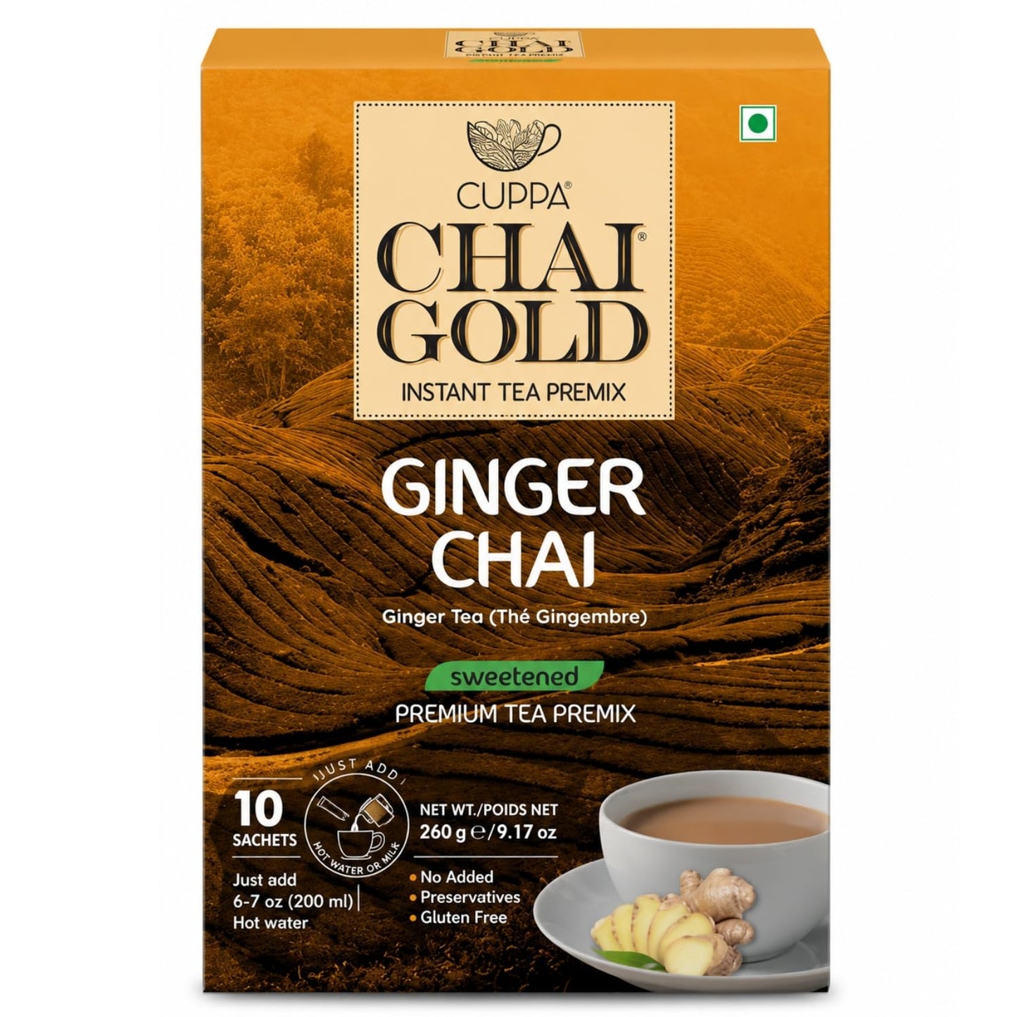 Cuppa Chai Gold Cardamom Chai Instant Tea Premix Sweetened, Rich Cardamom Flavor Tea Beverage Mix, Smooth Creamy Taste, Just Add Hot Water, Convenient Single-Serve Sachets for Home, Office & Travel, 10 Count