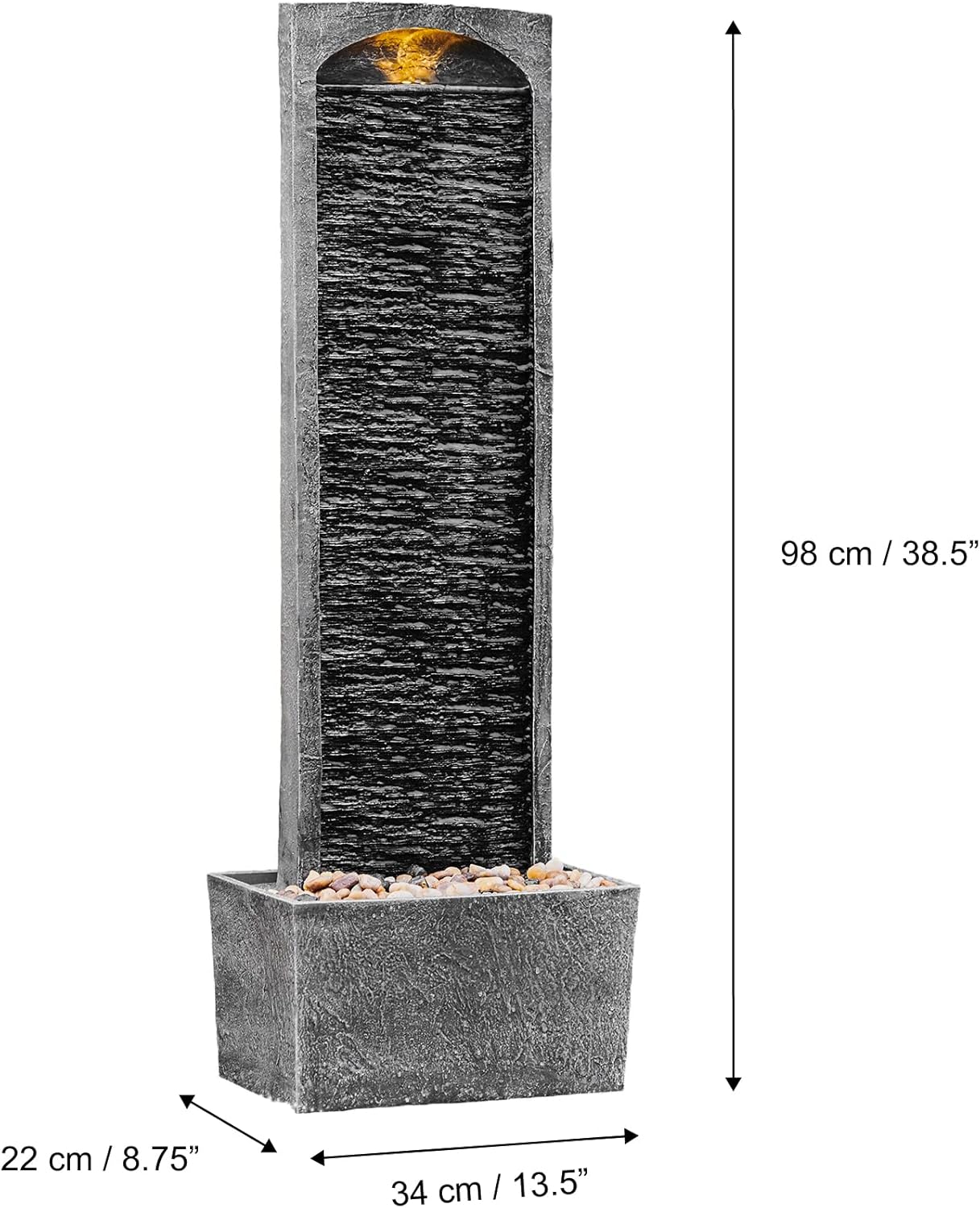 Teamson Home 38.58 in. Modern Curved Faux Slate Waterfall Fountain for Indoors or Outdoors with LED Light Accents and 1.98-Gallon Pump, Black and Stone Gray | Freestanding Floor Garden Waterfall, LED Lights, Weatherproof Polyresin, For Patio & Yard