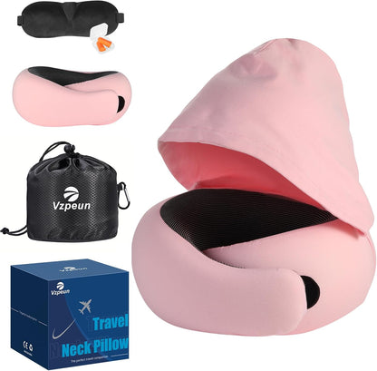 Travel Pillow - Hooded Neck Pillow Airplane Memory Foam Filling for Plane, Office, Cars Sleeping, Road Trip, Long Flights, Airplane Travel Essentials, Includes Eye Mask & Earplugs (Green)