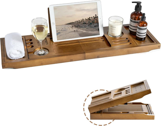 Bamboo Bathtub Tray Caddy, Adjustable Walnut Finish 28.5‑40"