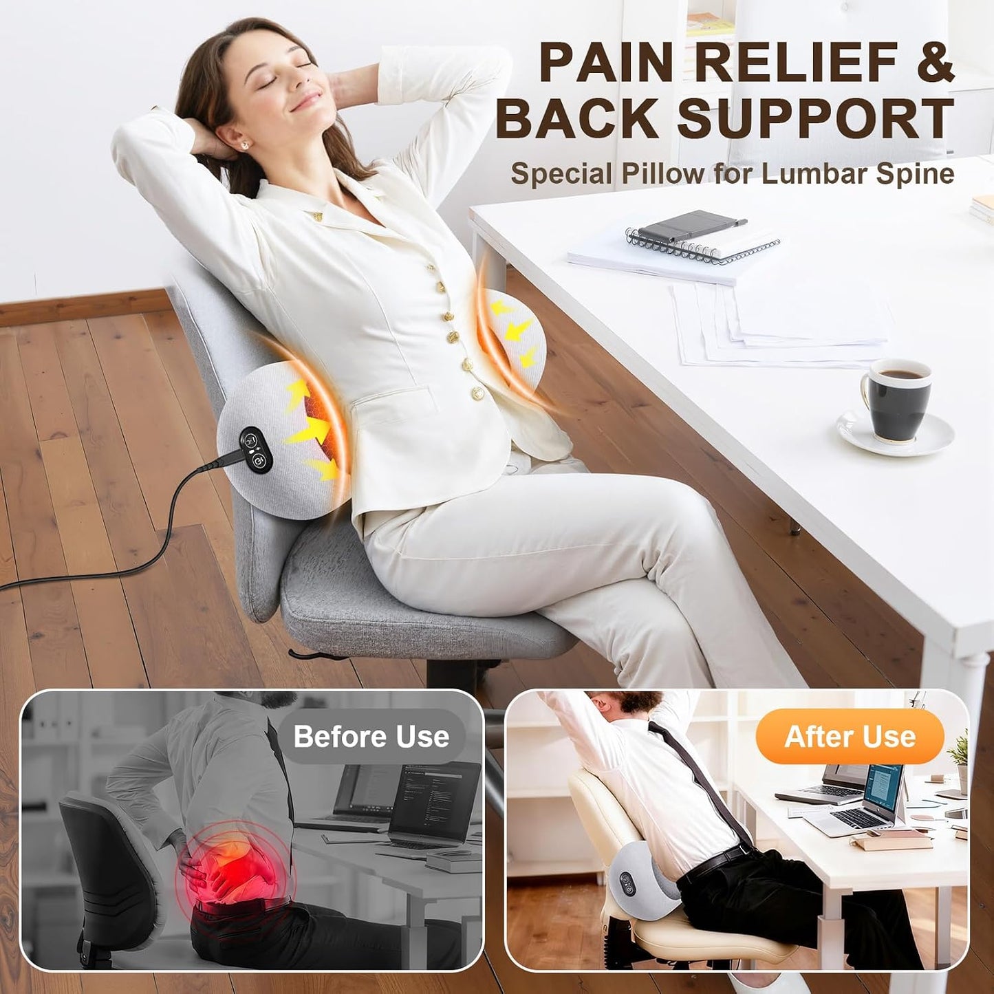 3-in-1 Electric Lumbar Support Pillow,Triple Fusion Back Massager with Heat,Vibration&Traction,Back Support Pillow for Bed and Chair,Lumbar Support Pillow for Lower Back Pain Relief&Spine Support-Gray