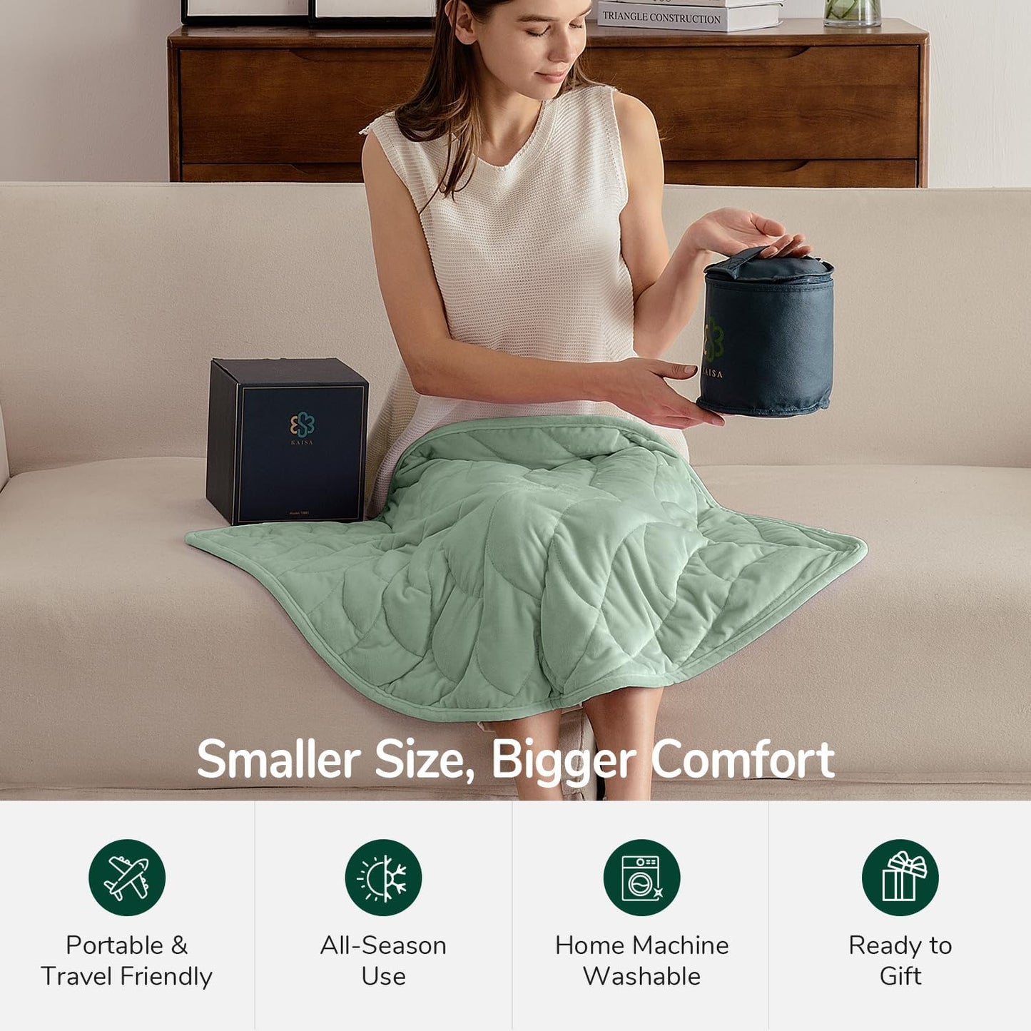 Kaisa Weighted Lap Blanket 7 lbs 41" x 53", Cozy Luxury Crystal Velvet Small Weighted Blanket for Adults, Portable Travel Weighted Blanket for Relaxation, All-Season Blanket, Machine Washable, Green