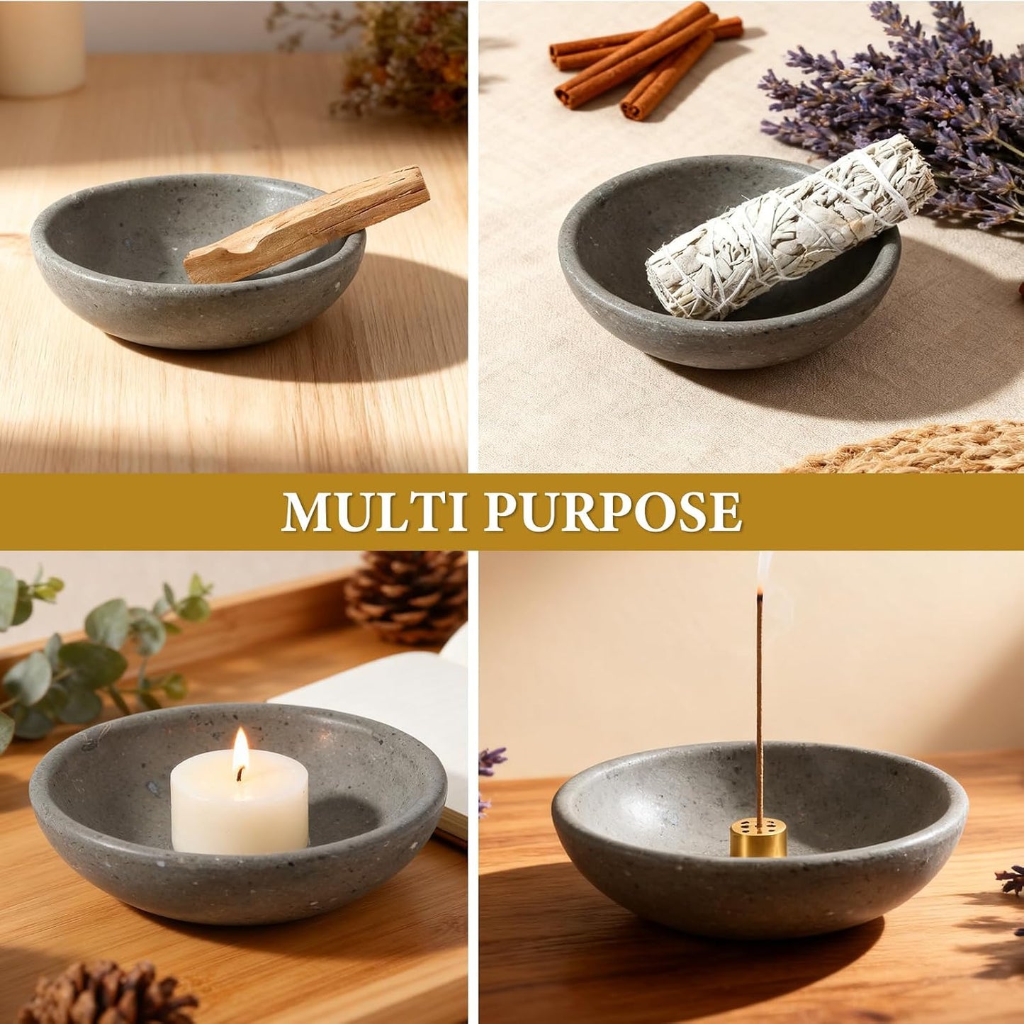 Koville Natural Marble Incense Holder, Incense Holder for Sticks with 9 Holes, Handmade Incense Burner Ash Catcher for Meditation Yoga SPA, Balsam Fir/Palo Santo/Sage/Cone (White)