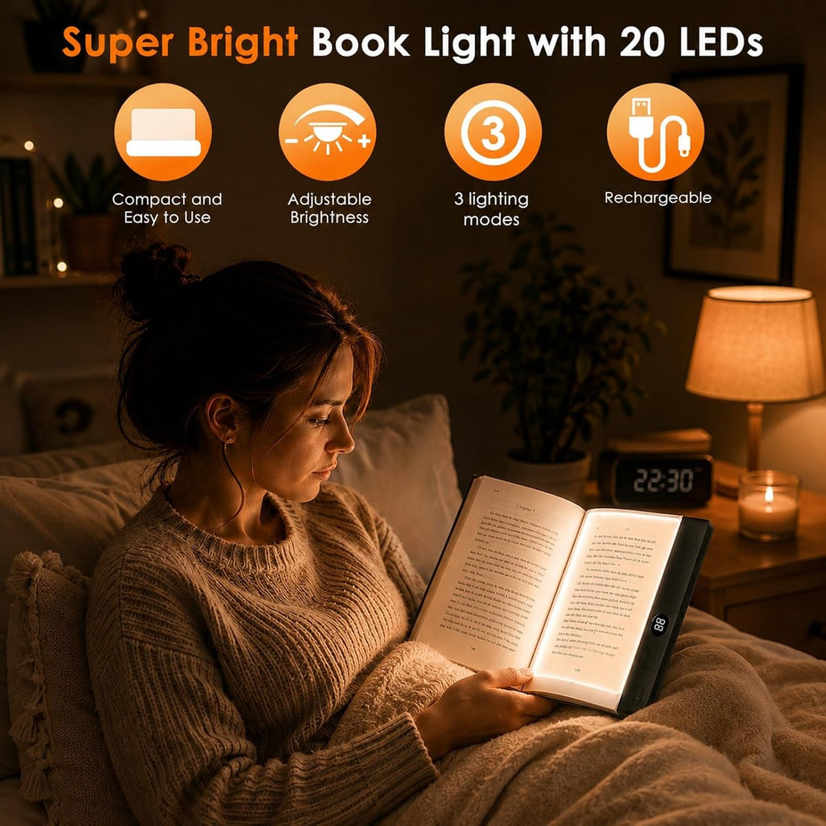 Gayrrnel LED Flat Book Light for Reading, Book Light for Reading in Bed, 3 Color Mode, Eye Care Stepless Dimmable, Portable USB Rechargeable 1200mAh Battery, Auto-Off Timer