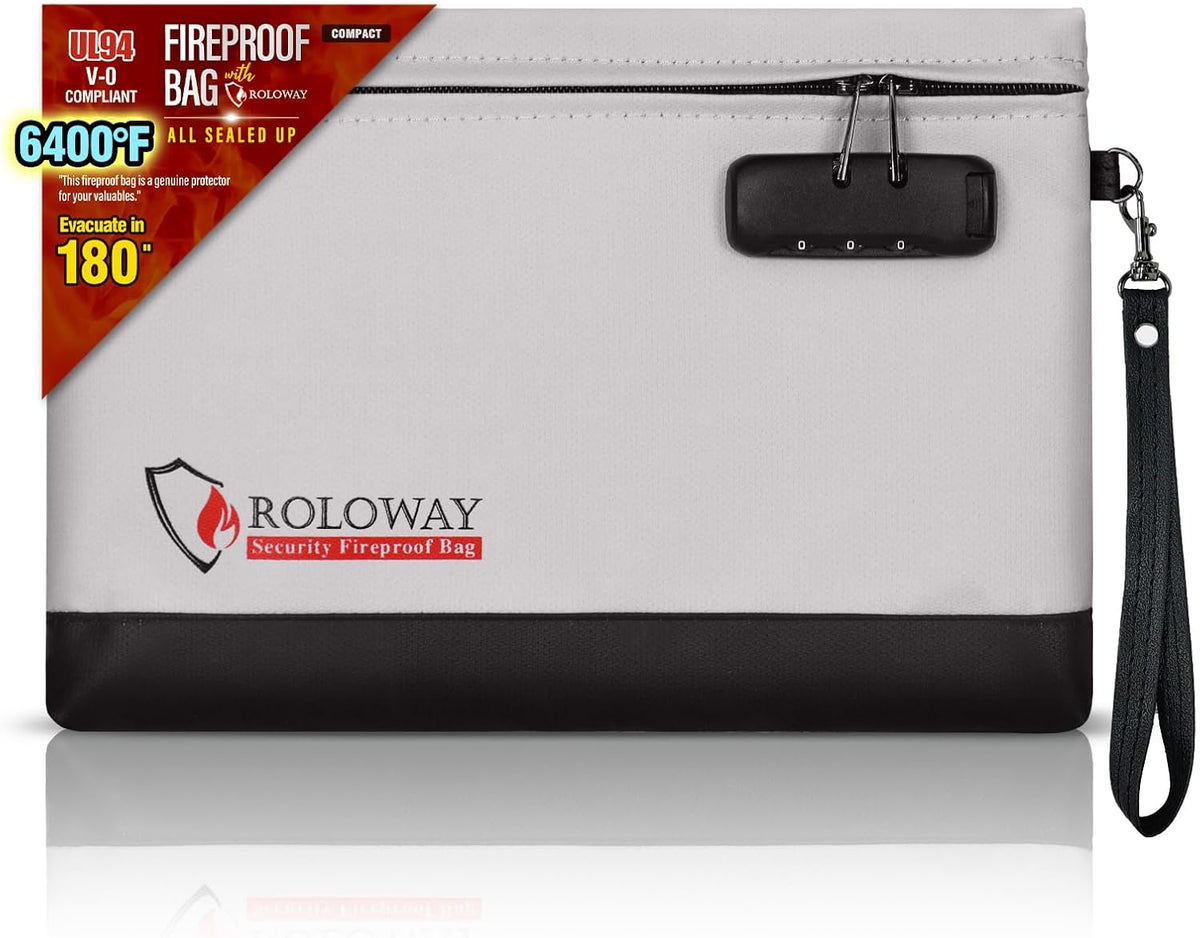 ROLOWAY Fireproof Money Bag with Lock for Cash, 6400°F Fire Proof Document Bag (12.2 x 8.5 x 1.6 inches), Money Pouch with Zipper (Pink)