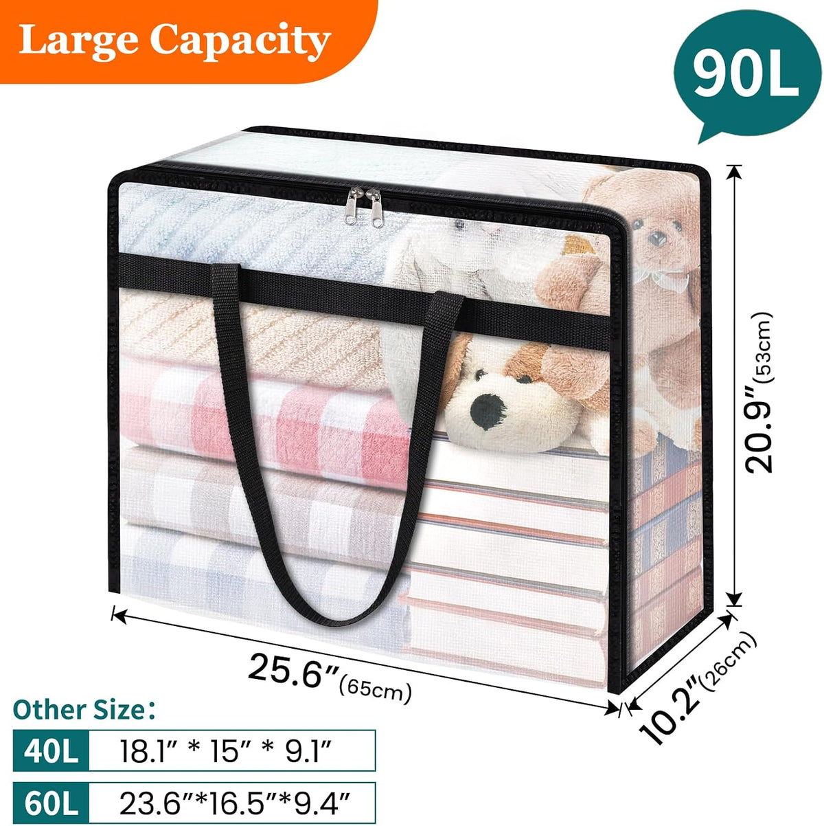 TasticTotes 6 Pack Clear Storage Bags for Comforter, Clothes & Bedding, 40L