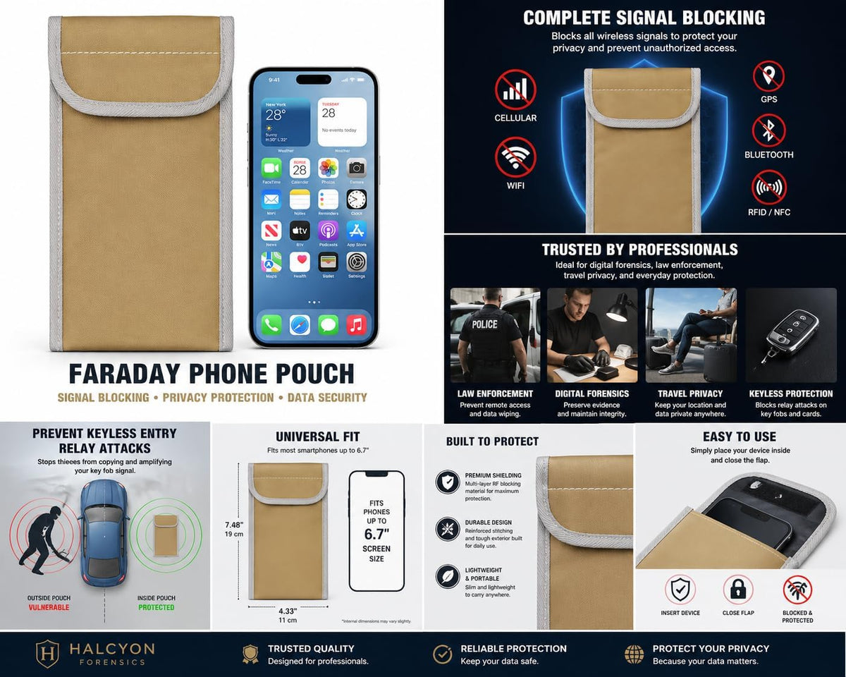Faraday Phone Pouch Signal Blocking RFID/Cell/WiFi/GPS Shielding Bag Anti-Tracking Privacy Case for Smartphones & Key Fobs Dual-Layer RF Isolation with Ripstop Exterior Tan