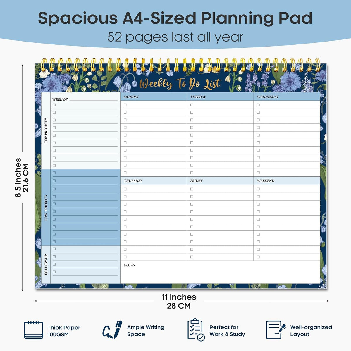 Taja Weekly To Do List Notepad, Undated Weekly Planner Pad, 8.5" x 11"