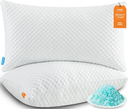 UYWO Cooling Pillows Queen Size Set of 2, Adjustable Memory Foam Pillows