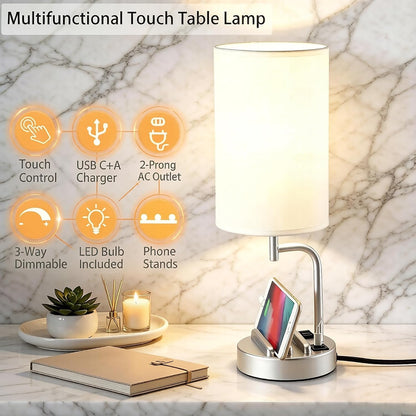 Dreamholder Touch Control USB Table Lamp with USB C/A & AC Outlet, 3-Way Dimmable Bedside Lamp, Modern Nightstand Lamps for Bedroom Living Room Guest Room Office, Bulb Included, Gold