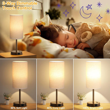 Dicoool Touch Bedside Table Lamp with USB - 3 Way Dimmable Wood Lamp for Bedroom Nightstand, Desk Lamp with Charging Station for Dorm, Living Room, Office, Kids Room, Small, 14in