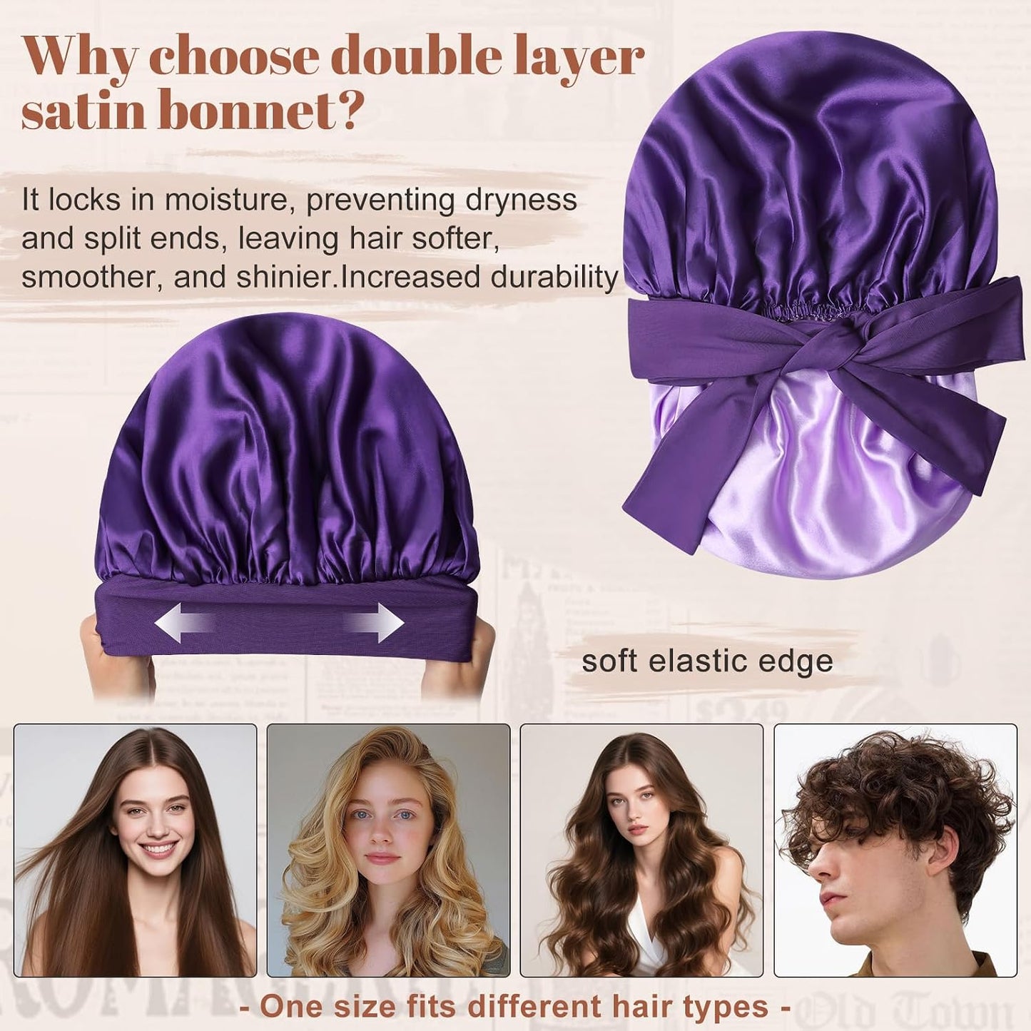 Satin Bonnet for Sleeping Cap Double Layer Hair Bonnet with Elastic Tie Band for Curly Hair Night Cap (Bean Paste + Pink)