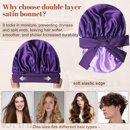 Satin Bonnet for Sleeping Cap Double Layer Hair Bonnet with Elastic Tie Band for Curly Hair Night Cap (Bean Paste + Pink)