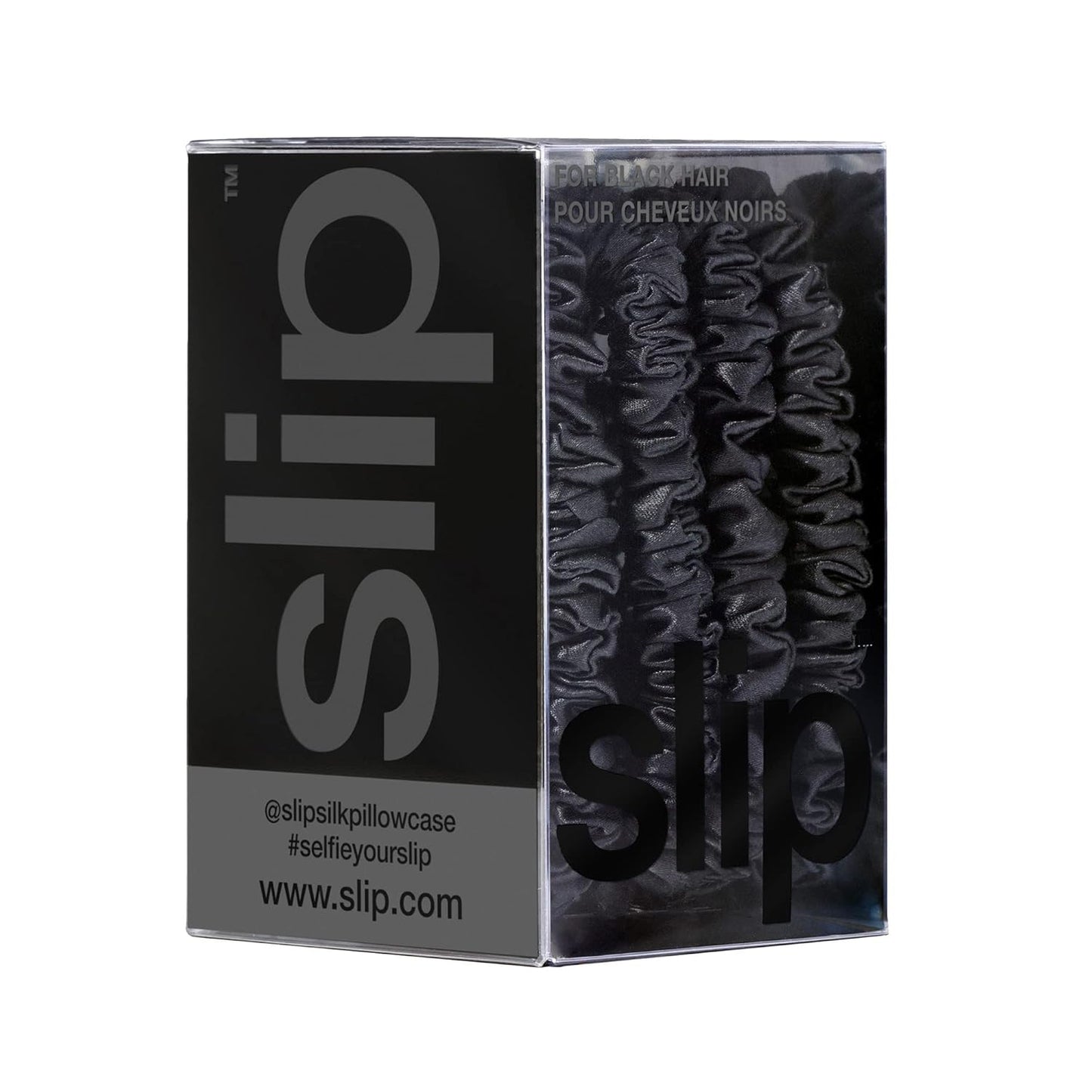 Slip Silk Hair Ties — Skinny Silk Black Scrunchies, No Damage, No Crease, Anti-Breakage |100% Mulberry Silk | All Hair Types | Made with Proprietary Slipsilk™ | Set of 4