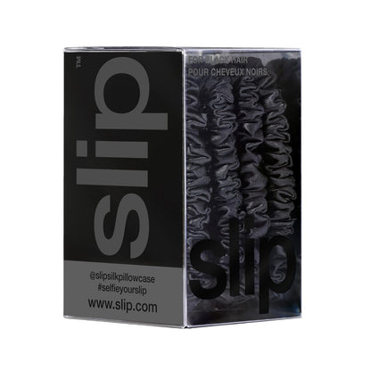 Slip Silk Hair Ties — Skinny Silk Black Scrunchies, No Damage, No Crease, Anti-Breakage |100% Mulberry Silk | All Hair Types | Made with Proprietary Slipsilk™ | Set of 4