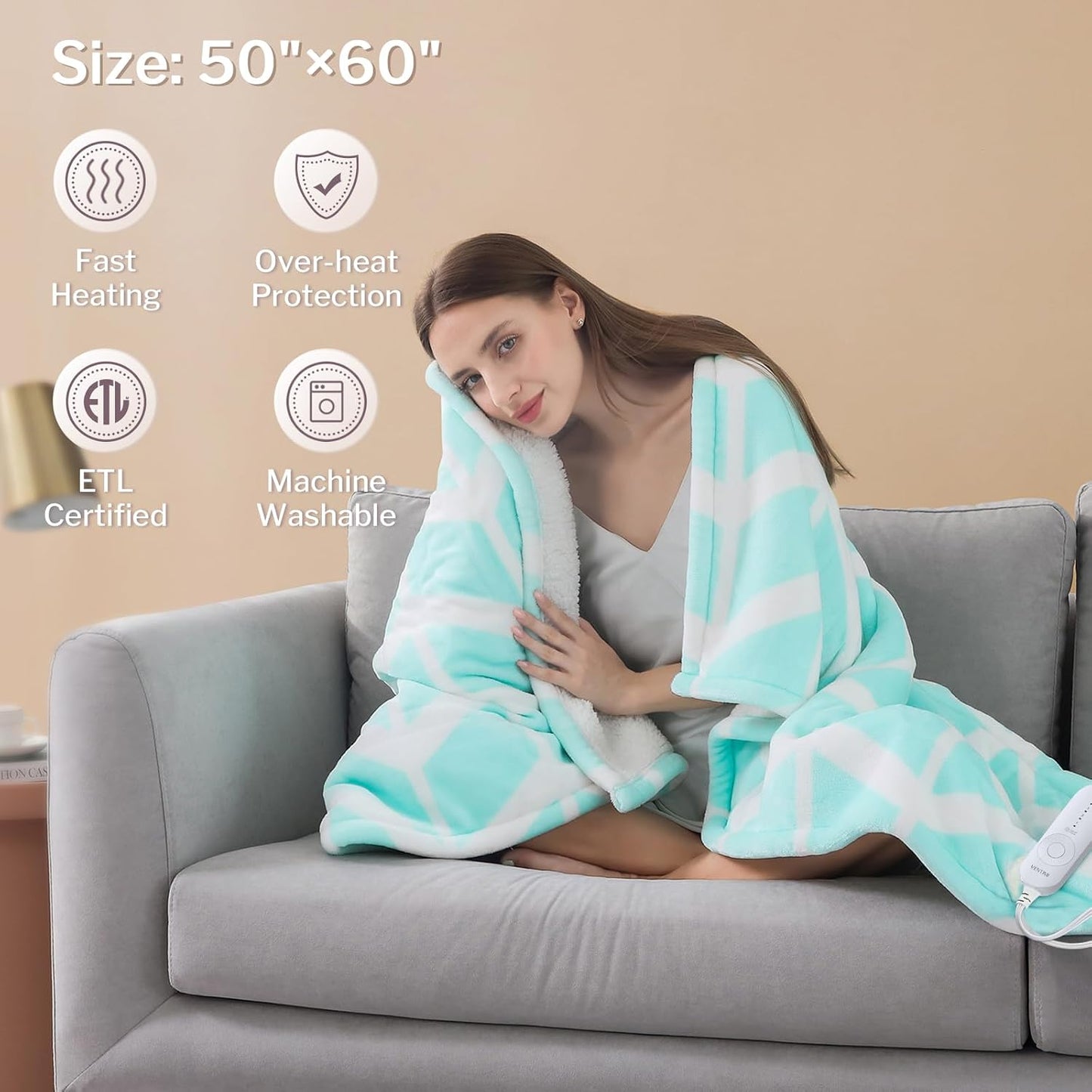 VENTIMI Electric Blanket Heated Throw, 50" x 60" Heated Blanket with 5 Heat Levels & 3 Hours Auto Off, Fast Heating Blankets with ETL & FCC Certification, Grey