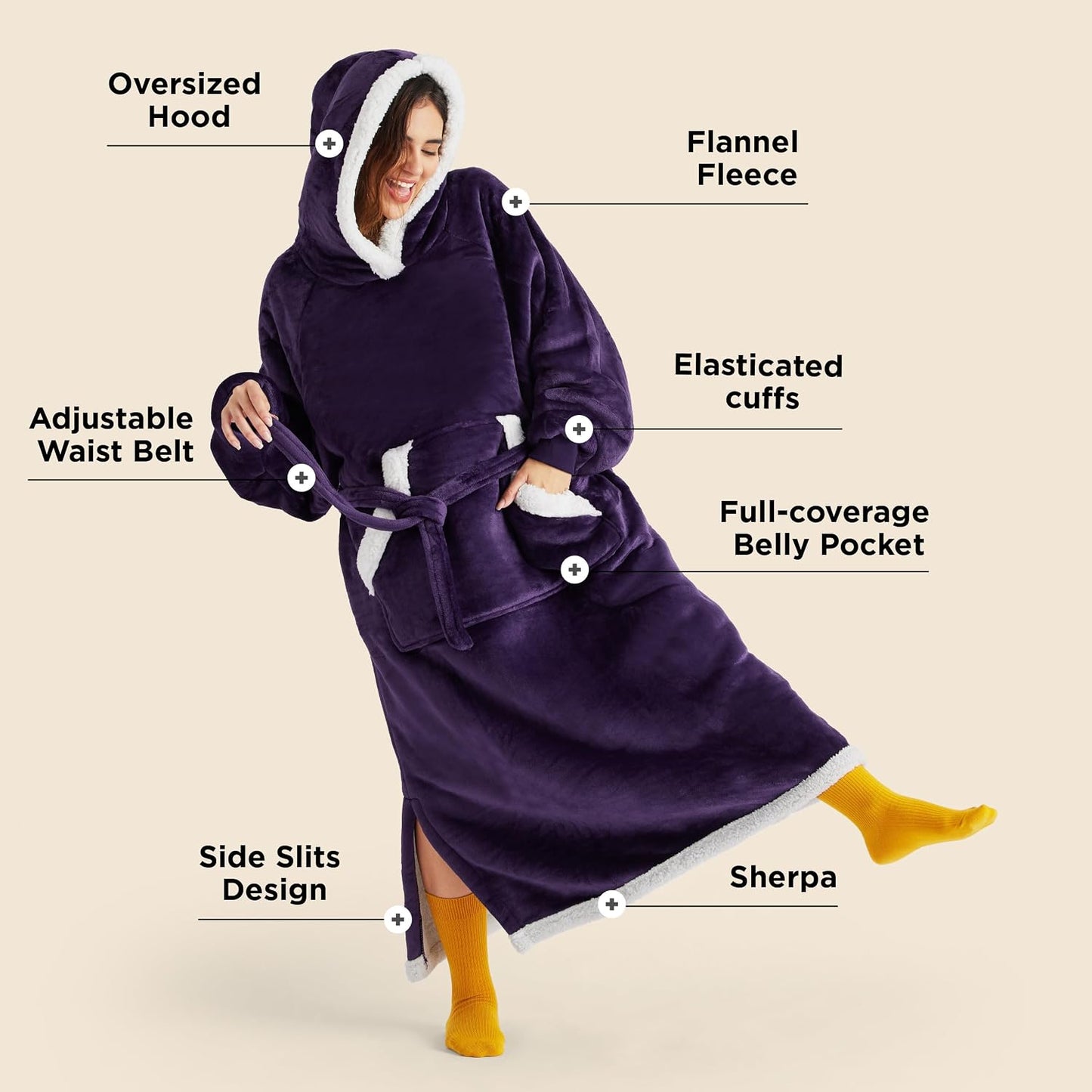 Bedsure Wearable Blanket Hoodie, Long Hooded Blanket Sweatshirt as Mothers Birthday Gifts for Women, Cozy Sherpa Hoodie for Adult, Standard, Grey