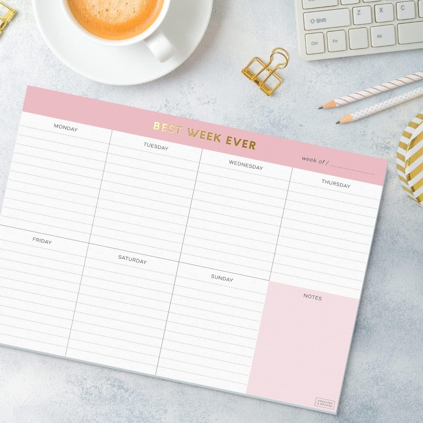 Sweetzer & Orange Weekly To Do List Pad. Gold Foil 7 days Planner with Daily Roadmap Agenda Squares. 7x10” Day Workbook 2026 - Student Blueprint, Work Manual, and Checklist Note Pad
