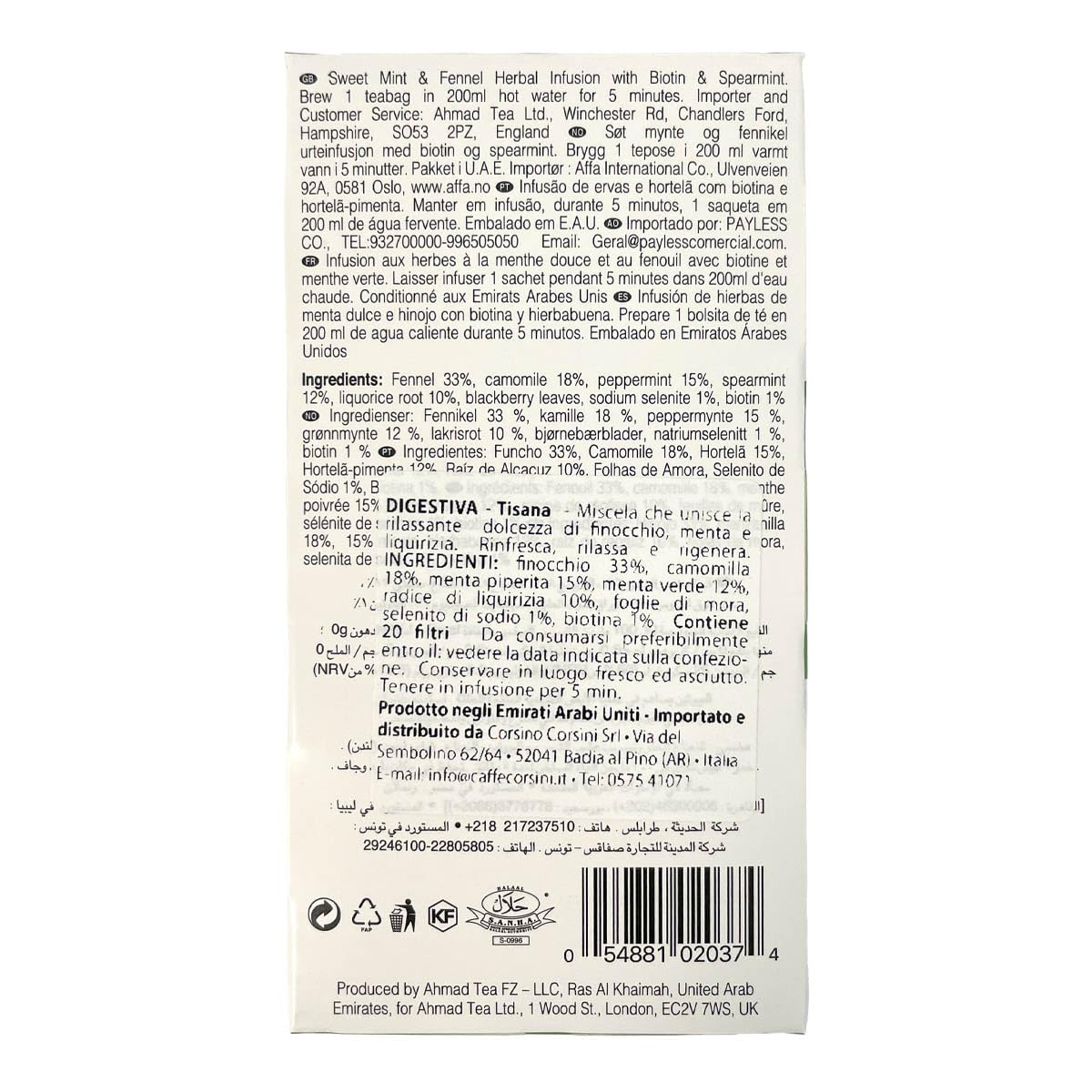 Ahmad Tea Herbal Tea, Sweet Mint, Fennel & Biotin 'Digest' Natural Benefits Teabags, 20 ct (Pack of 6) - Decaffeinated & Sugar-Free