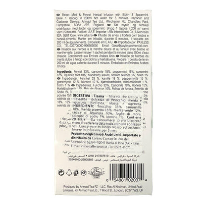 Ahmad Tea Herbal Tea, Sweet Mint, Fennel & Biotin 'Digest' Natural Benefits Teabags, 20 ct (Pack of 6) - Decaffeinated & Sugar-Free