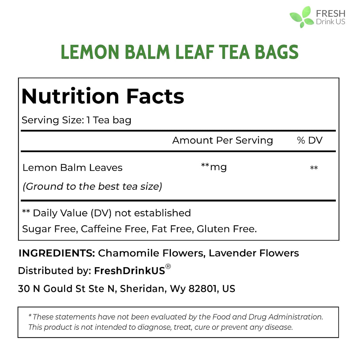 FreshDrinkUS, Premium 120 Lemon Balm Tea Bags, 100% Natural & Pure, Herbal Tea, No Sugar, No Caffeine, No Gluten, Vegan.