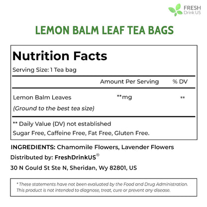 FreshDrinkUS, Premium 120 Lemon Balm Tea Bags, 100% Natural & Pure, Herbal Tea, No Sugar, No Caffeine, No Gluten, Vegan.