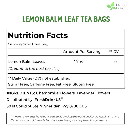 FreshDrinkUS, Lemon Balm Tea Bags | 75 Count |100% Pure Melissa officinalis – Naturally Calming Herbal Tea | Caffeine-Free, Premium Quality, Refreshing Flavor, Sustainably Sourced