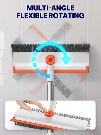 Floor Scrub Brush with Long Handle, 3 in 1 Scrape and Heavy-Duty Stiff Bristle Floor Scrubber Brush with Squeegee and Tweezer for Cleaning Tile Wall Deck Bathroom Patio Garage Kitchen (White)