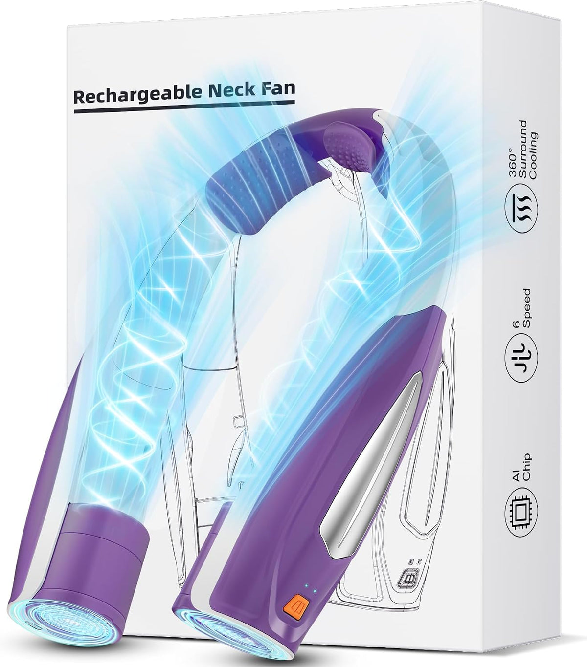 Hionly AI Neck Fan, 6 Speeds Adjustable Portable Personal Fan Rechargeable, Faster Cooling Wearable Fan, Ultra Quiet for Home, Office, Travel, Outdoor
