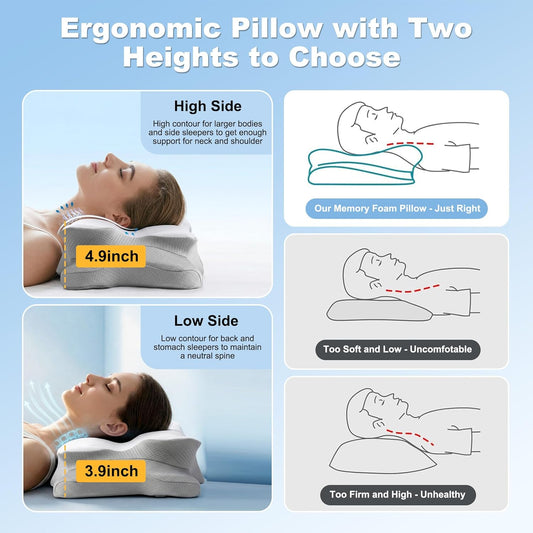 VYLEE Cervical Neck Pillow for Pain Relief, Ergonomic Memory Foam Pillow for Neck Support, Cooling Contour Orthopedic Pillow for Side, Back & Stomach Sleepers